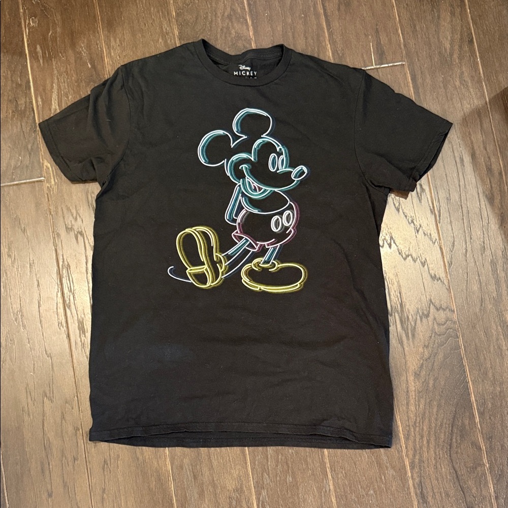 Disney Black Tee with Neon Mickey Mouse Design